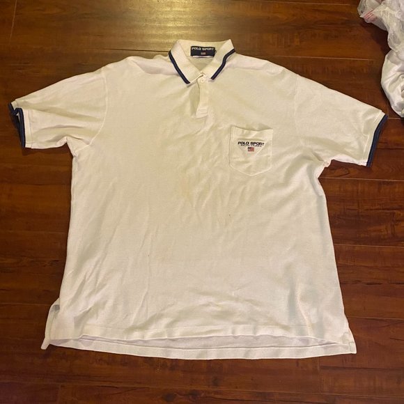 Vintage 90s Polo Sport White Collared Polo Rugby Ringer Tee Shirt - Mens sz 3XL - Picture 9 of 10